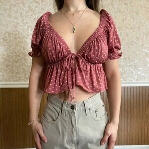 Urban Outfitters Pink Floral Puff Sleeve Tie Front Crop Medium‎